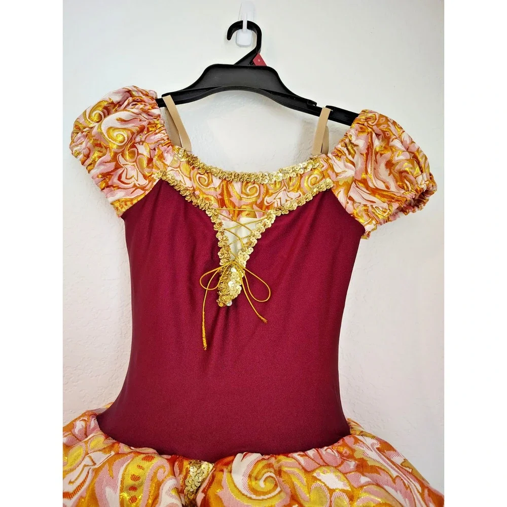 Revolution Dancewear Wine Gold Ivory Broque Ballet Dance Costume Child's XL